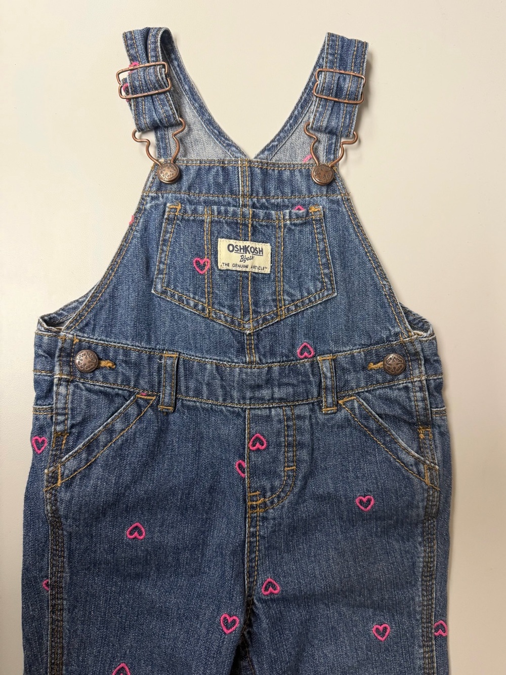 OshKosh B'gosh Blue Denim Overalls with Pink Heart Embroidery